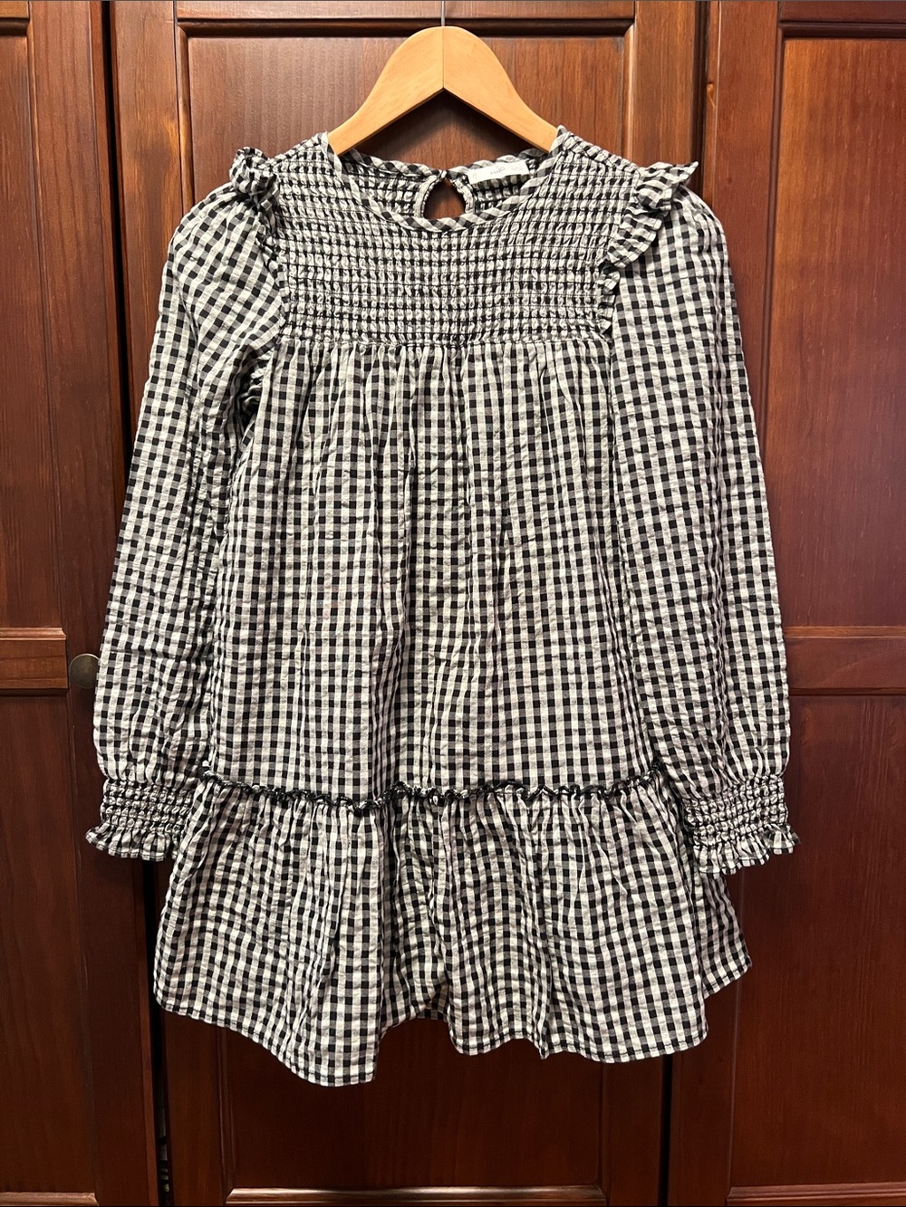 Mango Kids Black White Gingham Smocked Long Sleeve Dress Size 9 134cm